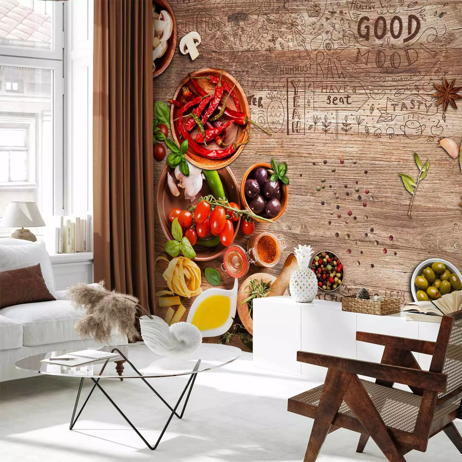 Photo Wallpaper Culinary fusion - colourful vegetables and English  lettering on a wood background - bimago, image size:1500x1500