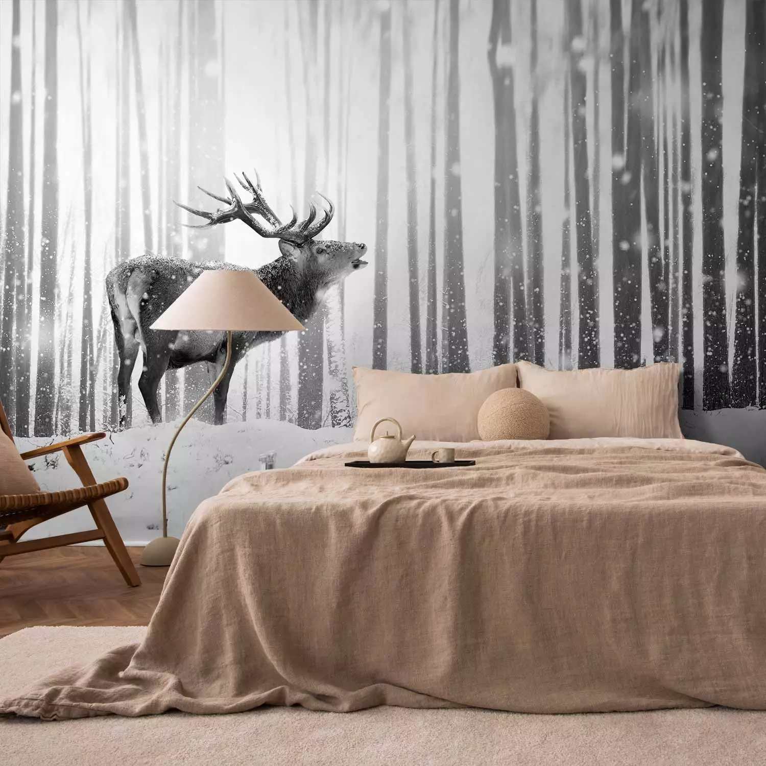 Photo Wallpaper Deer in the Snow (Black and White)
