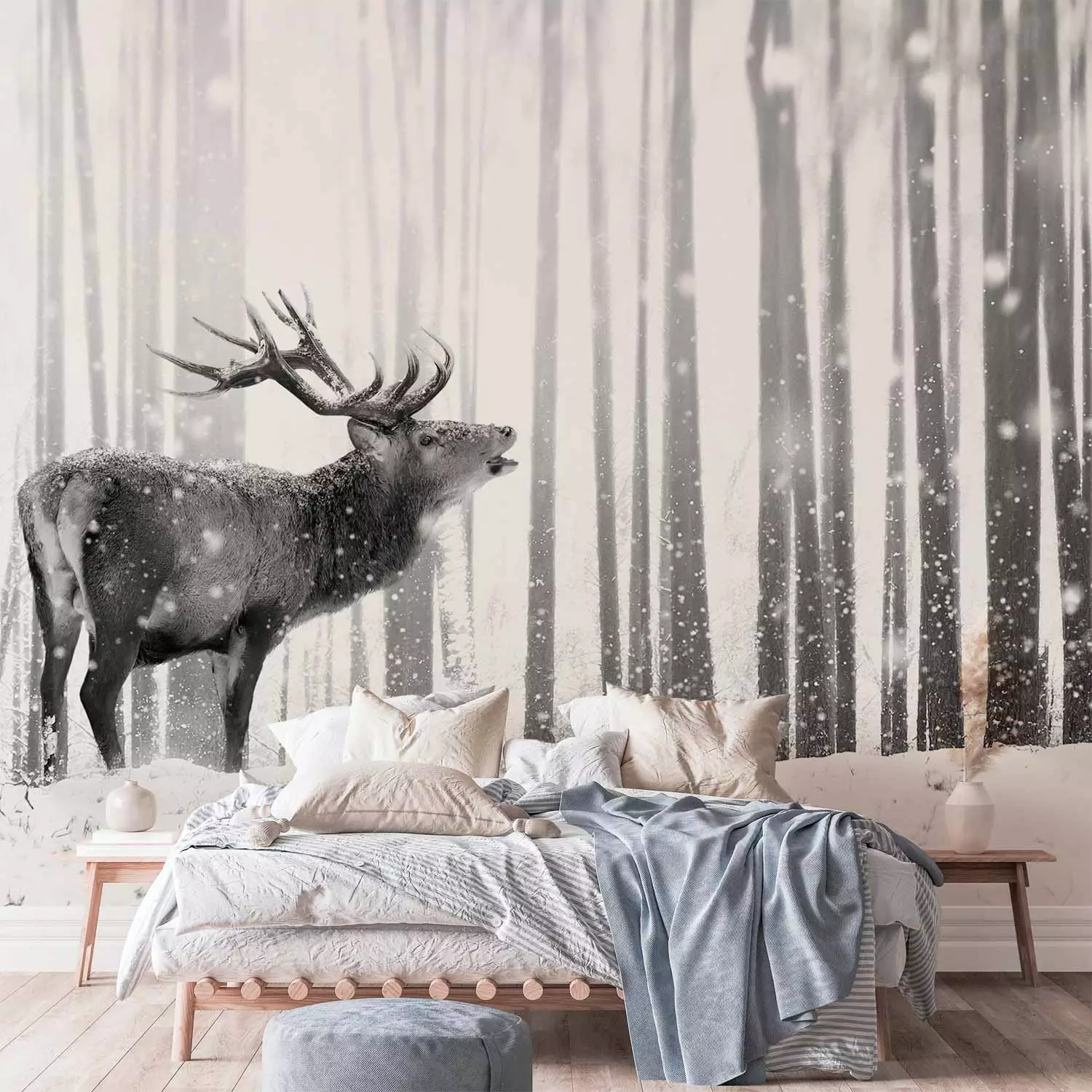 Photo Wallpaper Deer in the Snow (Black and White)