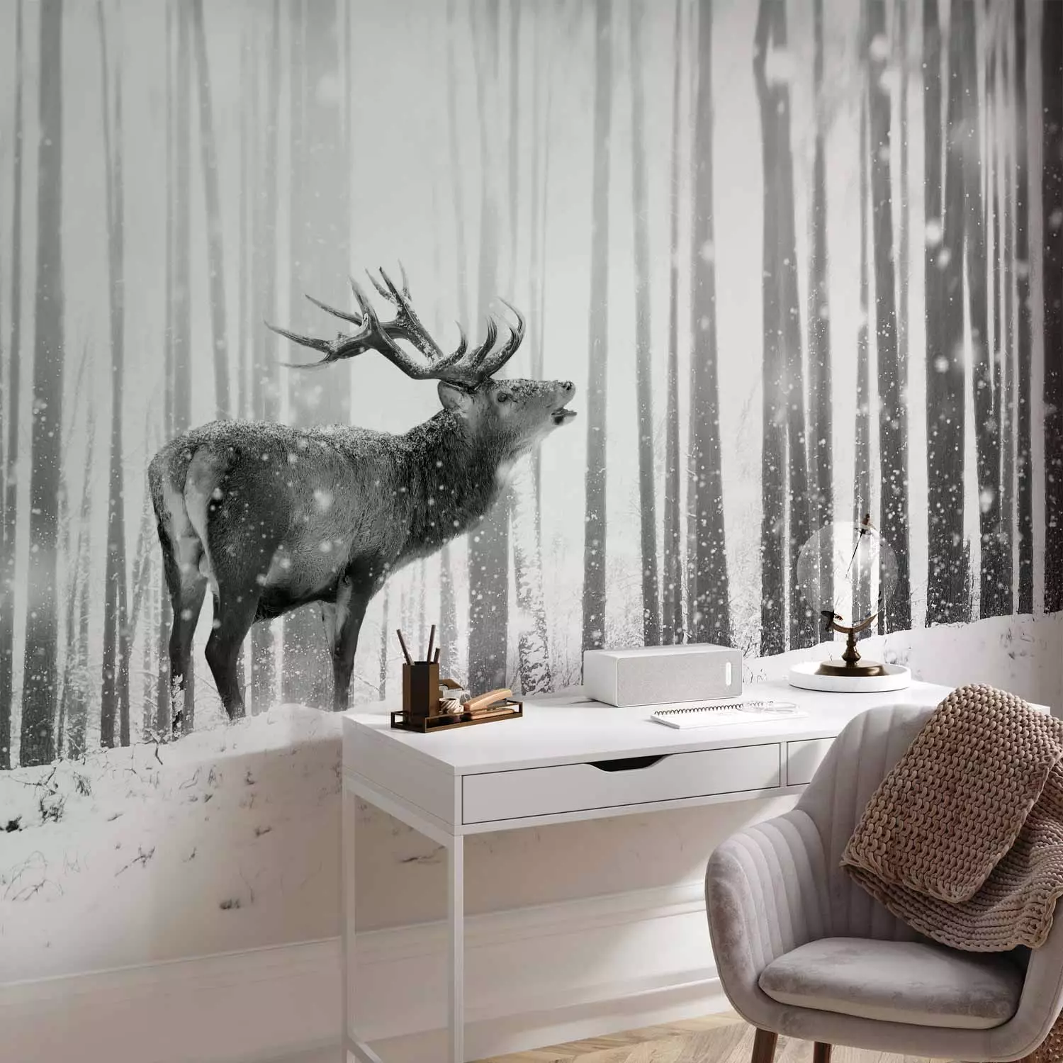 Photo Wallpaper Deer in the Snow (Black and White)