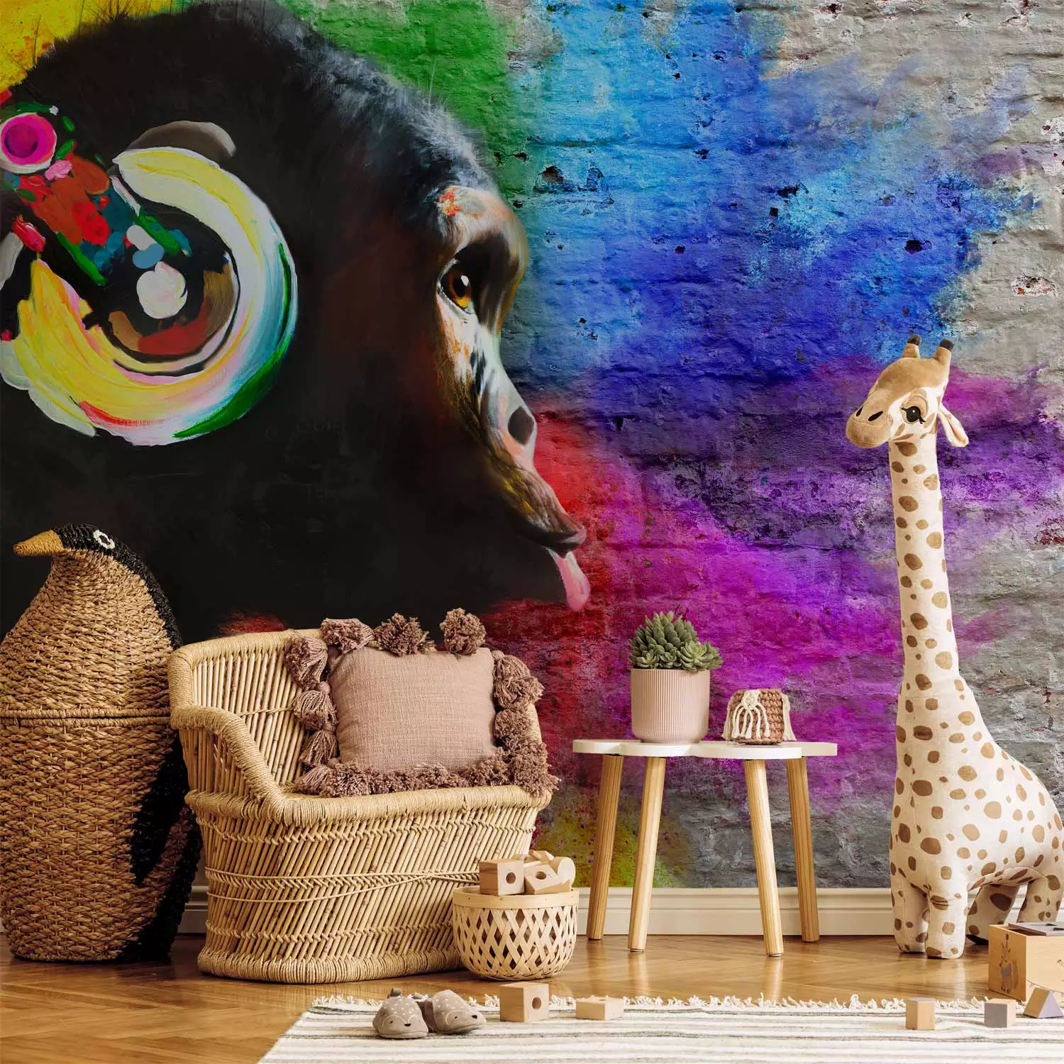 Wall Mural DJ chimpanzee - colourful animal on regular background with brick texture