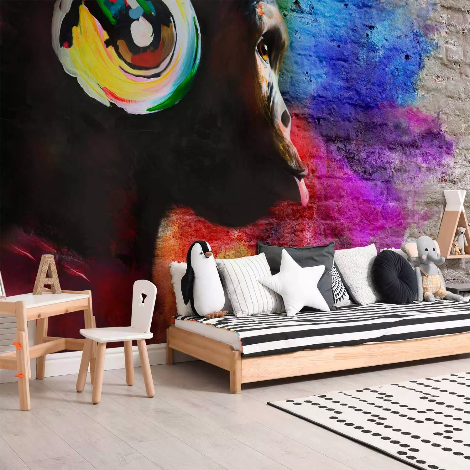 Wall Mural DJ chimpanzee - colourful animal on regular background with brick texture