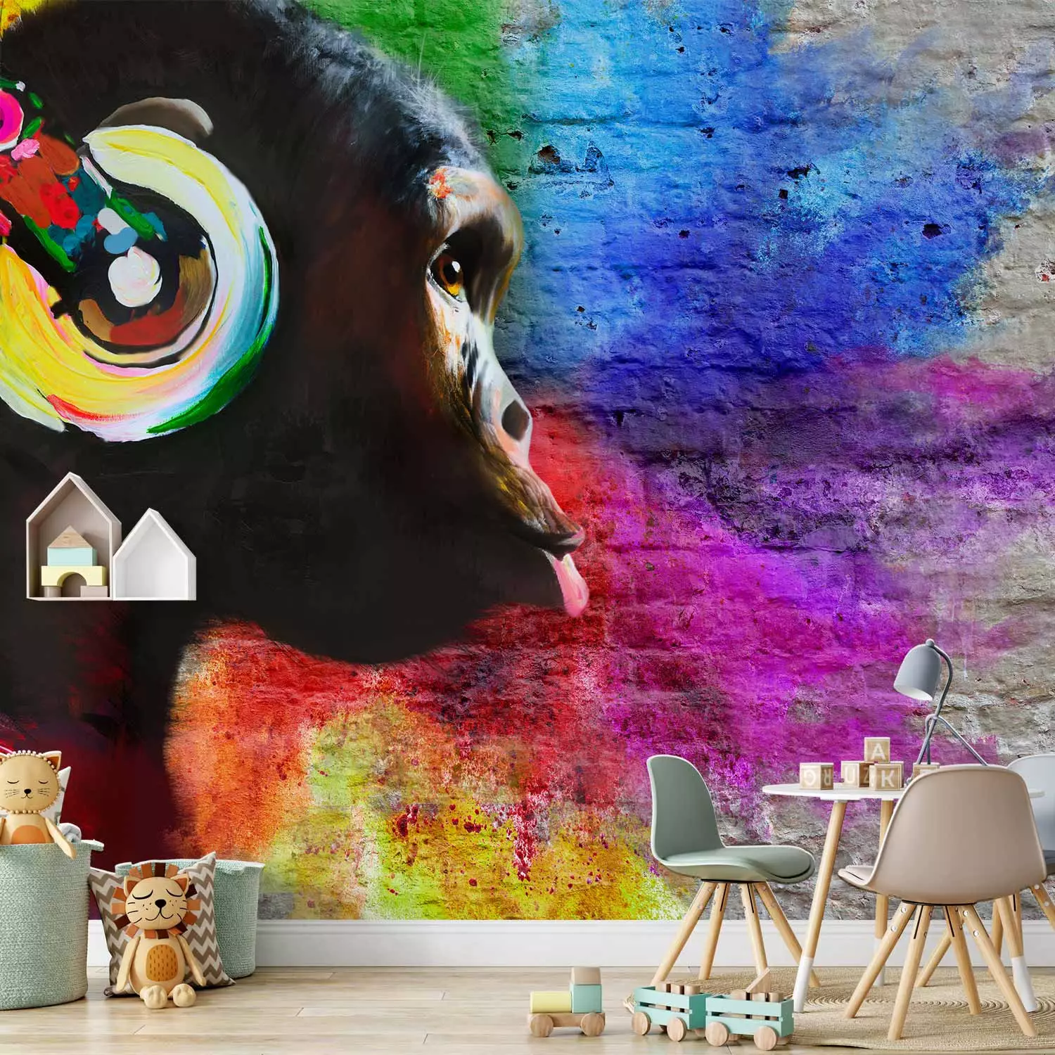 Wall Mural DJ chimpanzee - colourful animal on regular background with brick texture