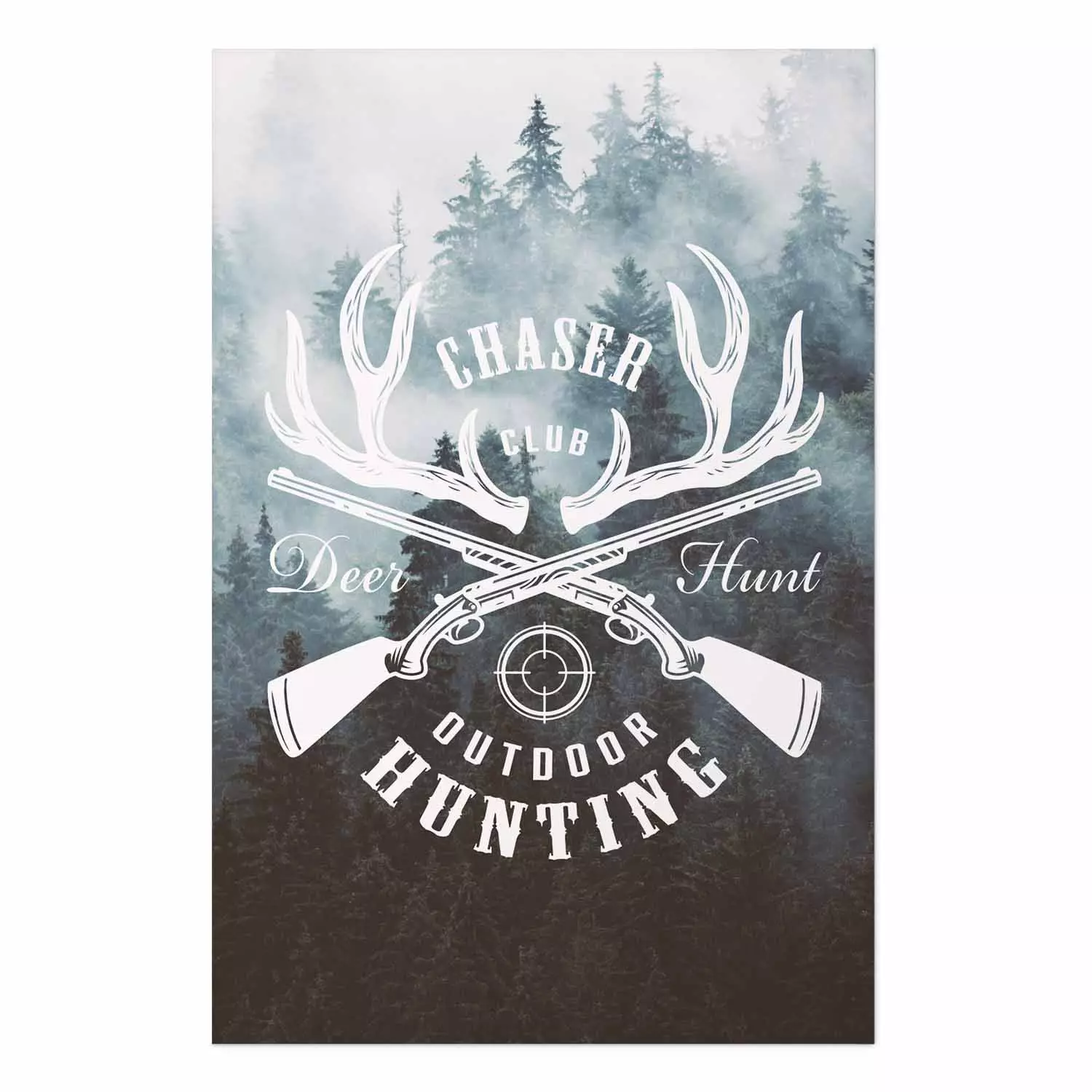 Wall Poster Hunting - English inscriptions and weapon icons on a forest in mist background