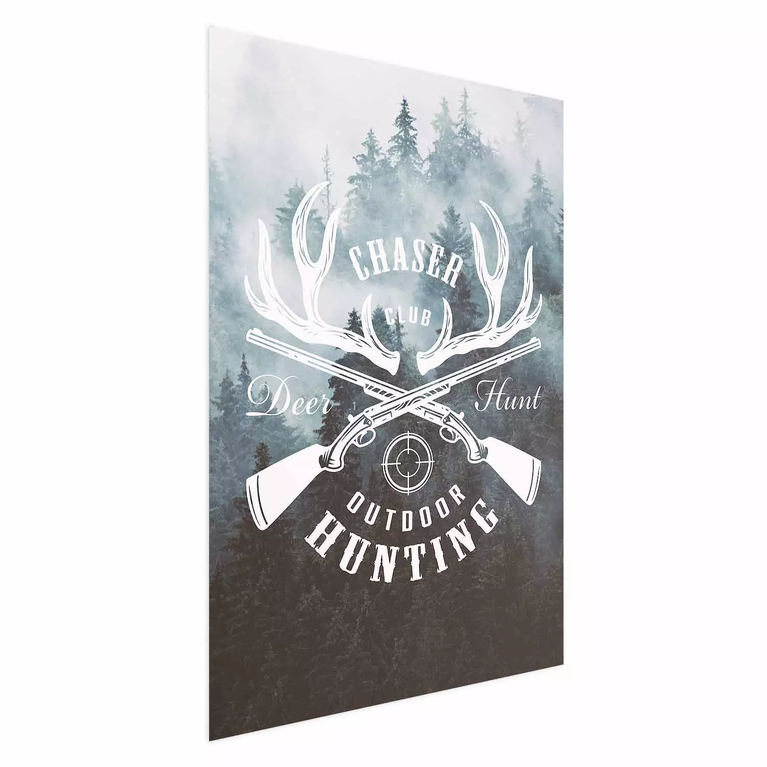 Wall Poster Hunting - English inscriptions and weapon icons on a forest in mist background