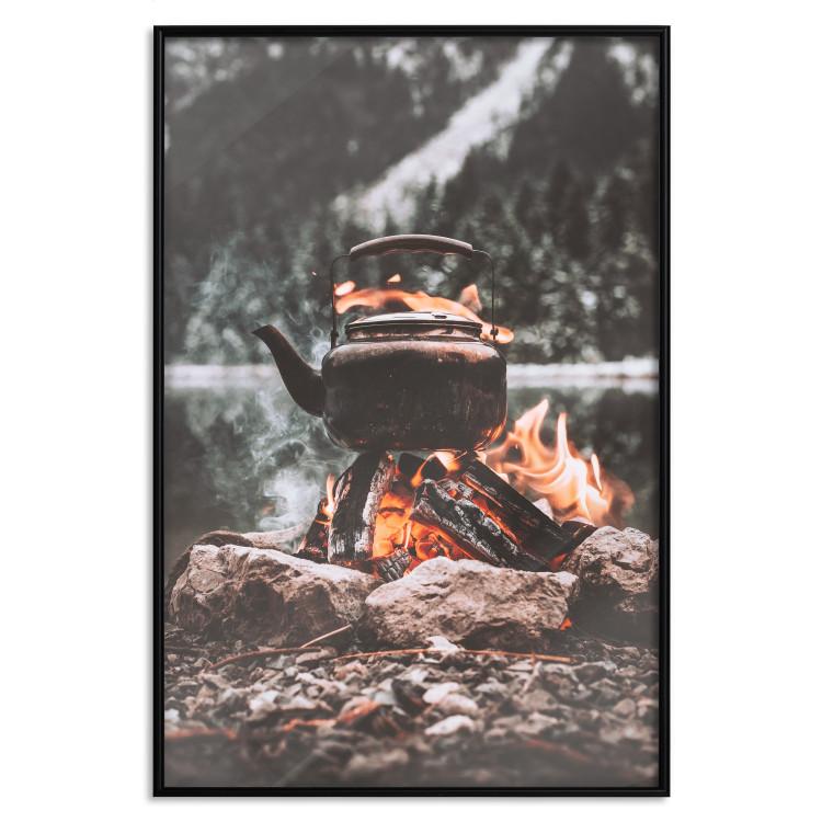 Poster Hearth - fireplace surrounded by stones against a background of lake and forest