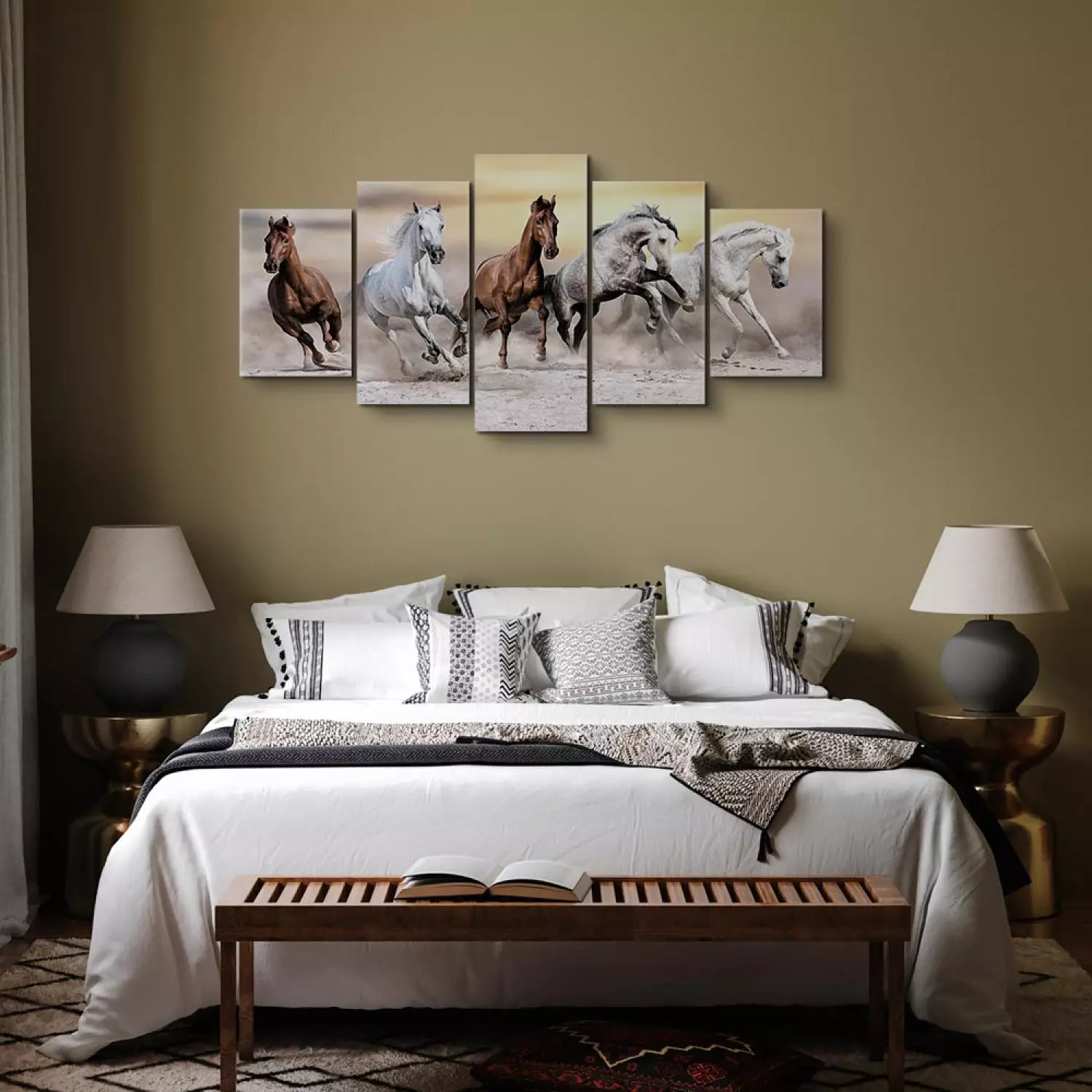Canvas Print Flock of Horses (5-piece) Wide