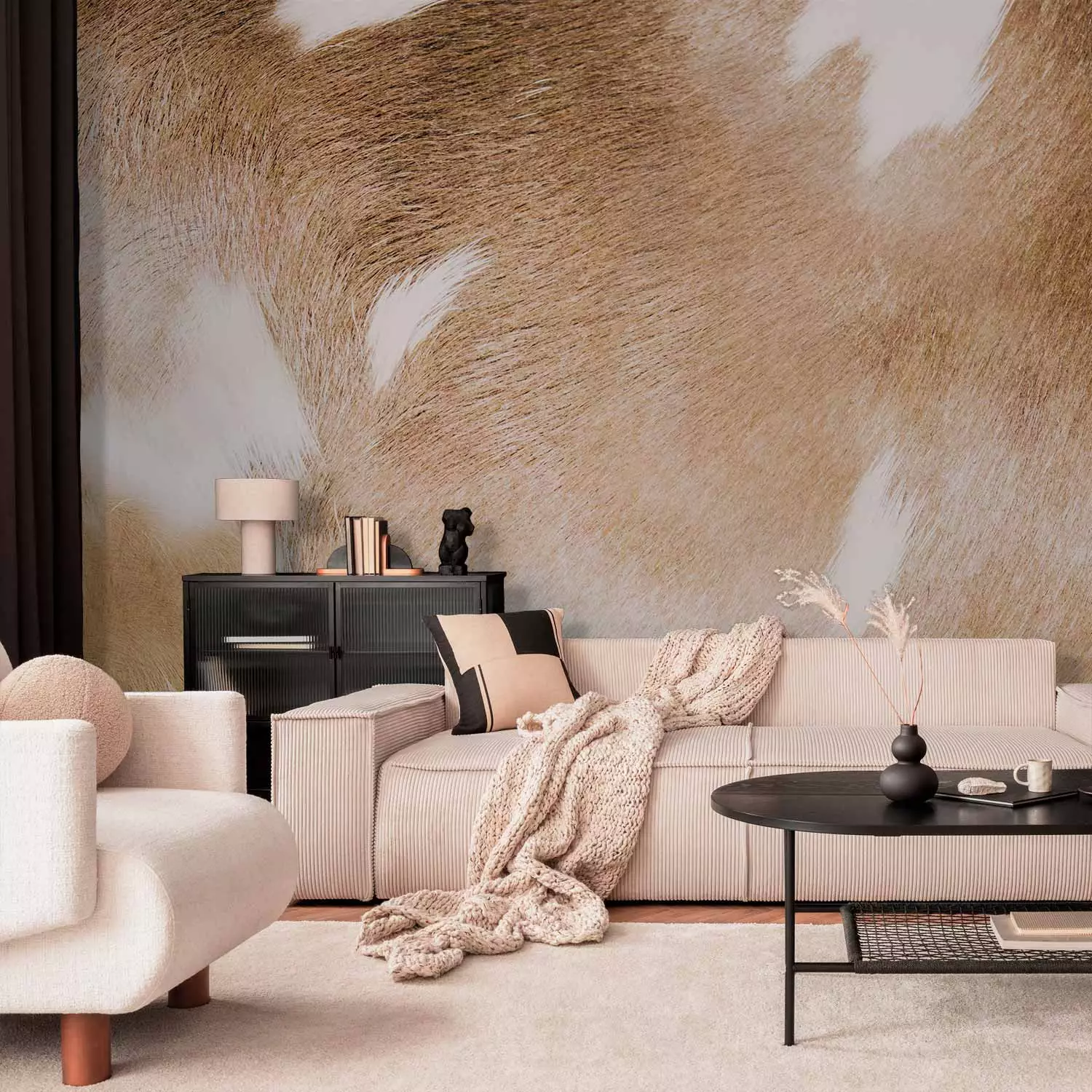 Photo Wallpaper Cow patches - light background with animal fur texture in beige patches