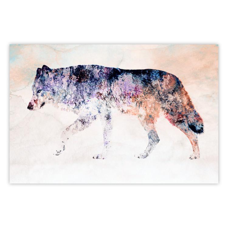 Poster Lonely Wolf - colorful animal in an abstract style on a light background