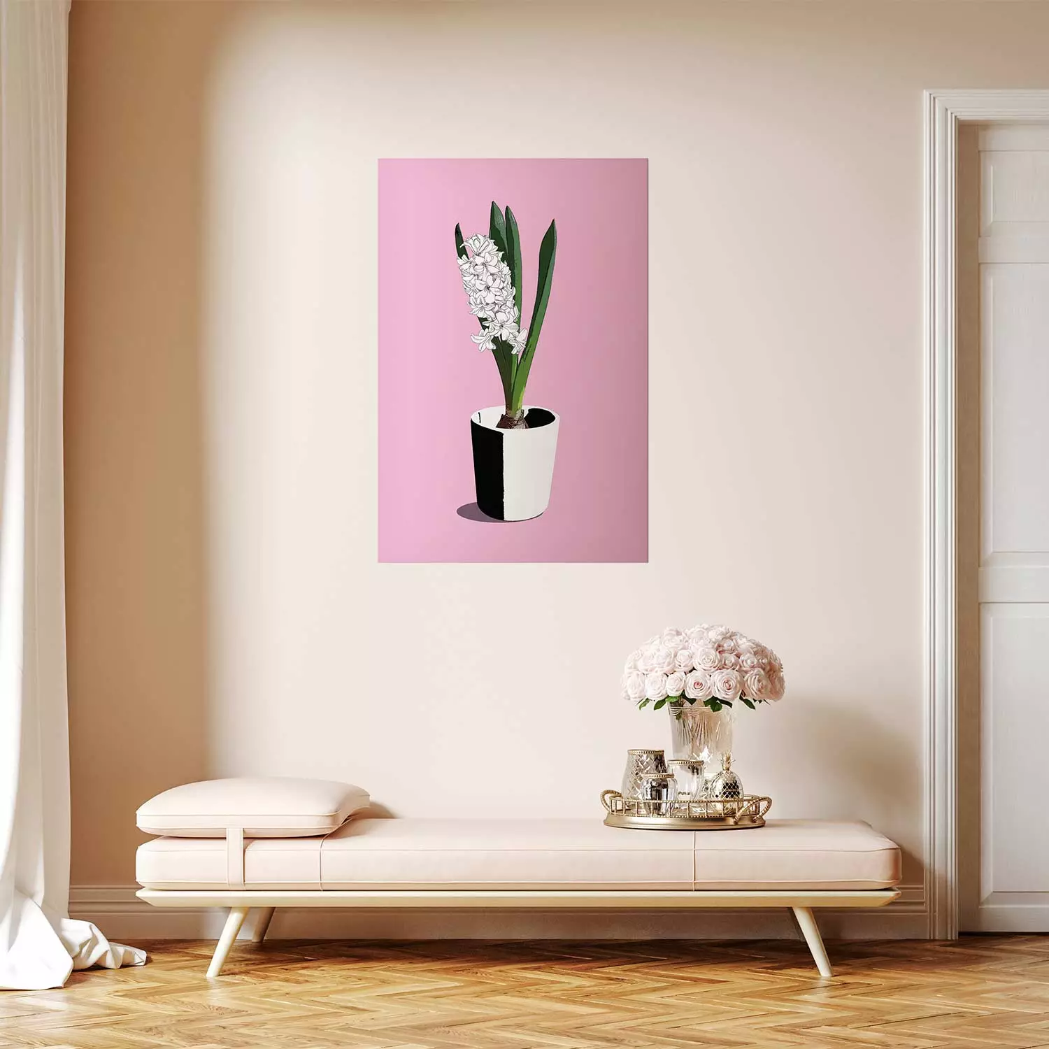 Poster Floral Delicacy - plant in a pot on a pink pastel background
