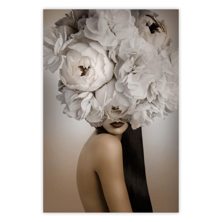 Poster Blossomed - abstract portrait of a woman with white flowers on her head