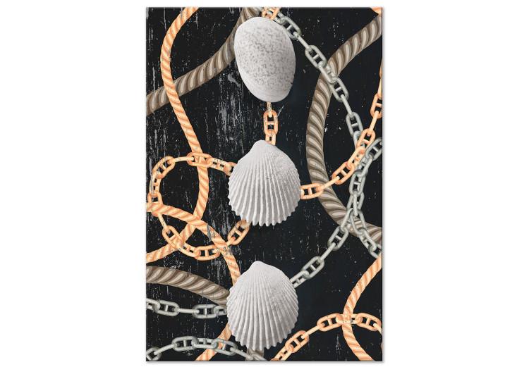 Canvas Shells, chains, string - a marine composition on a black background