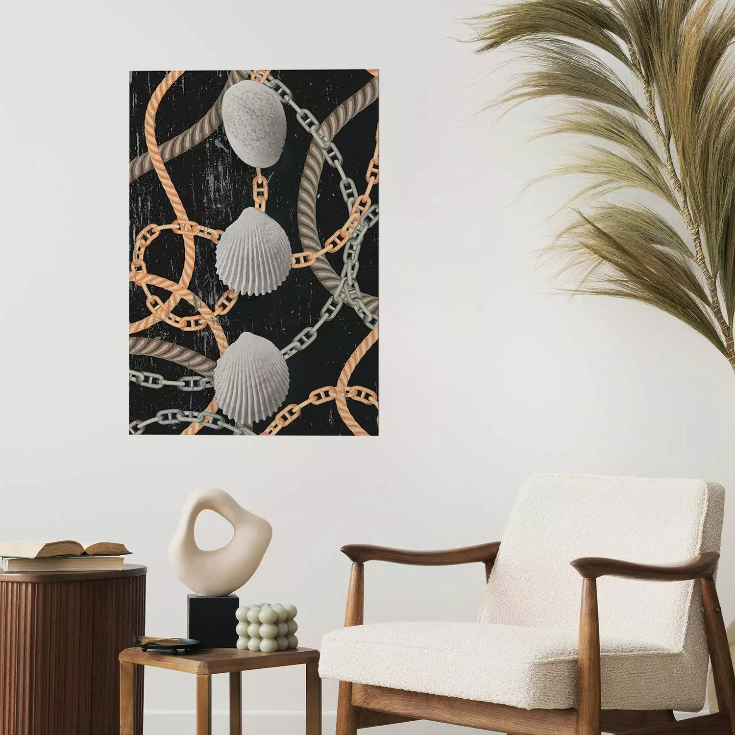 Wall Poster Sea Treasures - abstraction of seashells and metal chains