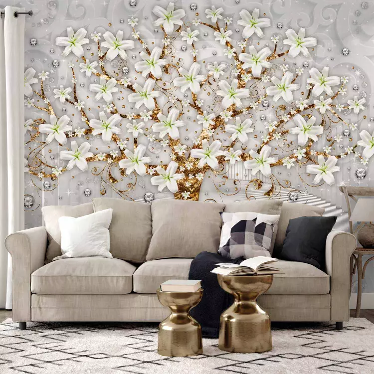 Klimt-style motif - golden tree with flowers on a grey patterned background
