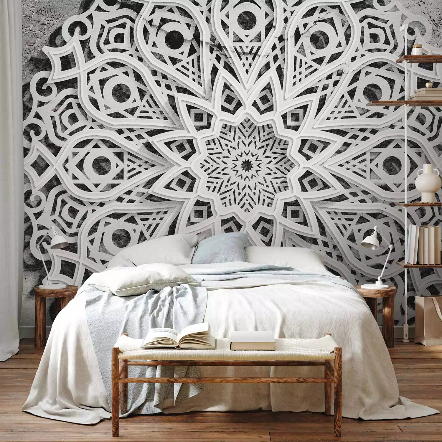 Wall Mural Mandala - oriental motif with white pattern on a concrete textured background