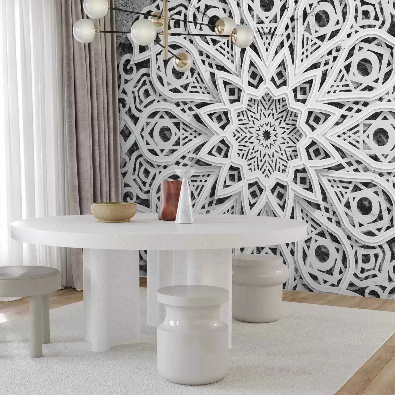 Wall Mural Mandala oriental motif with white pattern on a concrete textured background bimago
