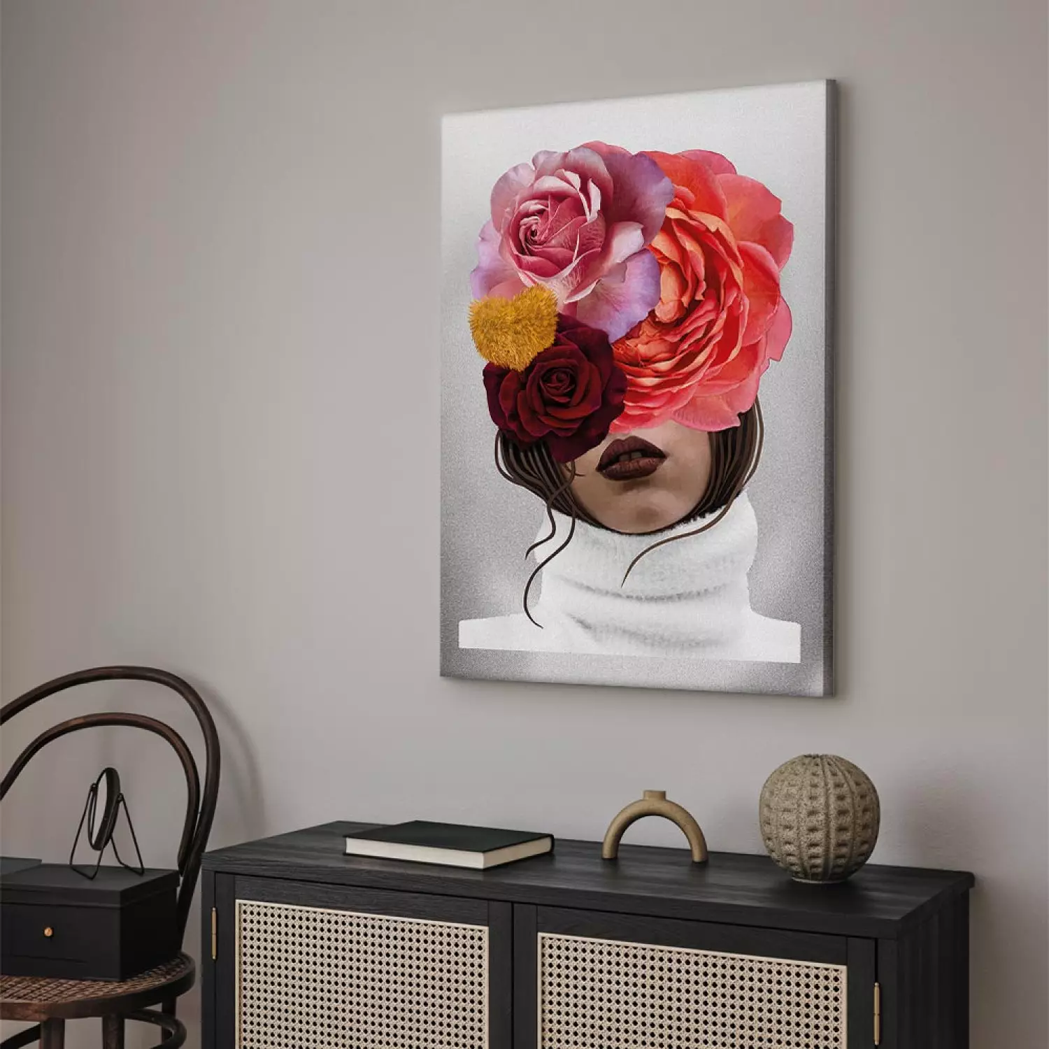 Canvas Print Peonies and roses covering a woman's face - an abstract portrait