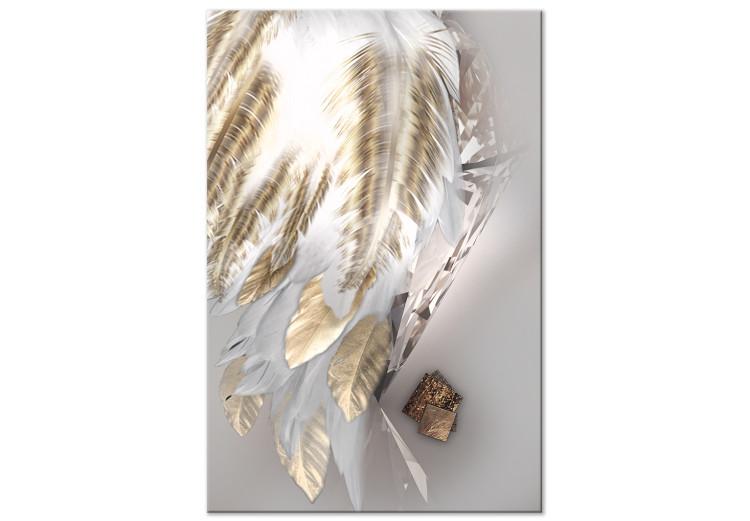 Canvas Fallen Angel (1-part) vertical - golden feathers on a gray background