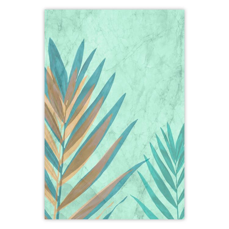 Poster Subtle Exoticism - tropical leaves on blue texture background