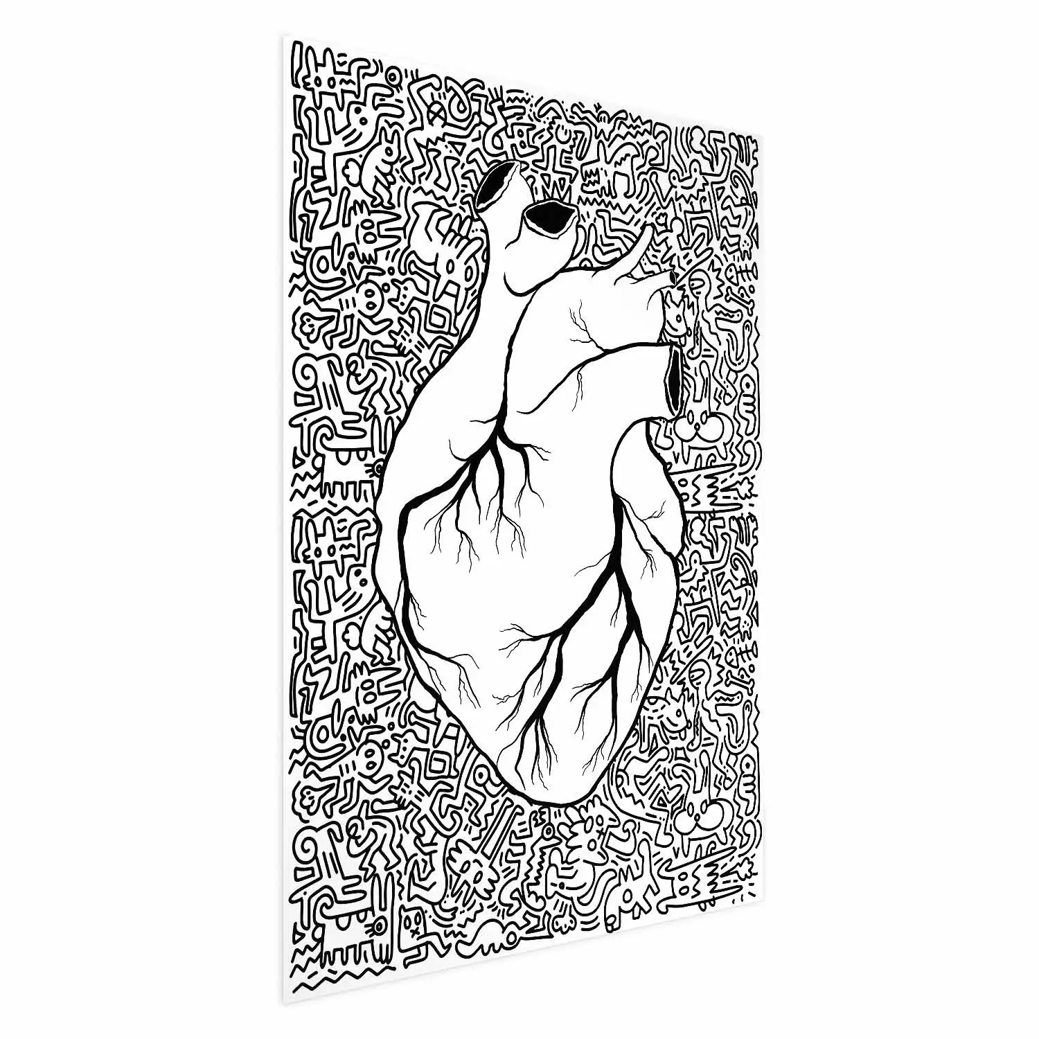Wall Poster Pure Heart - black and white human heart on abstract patterns background