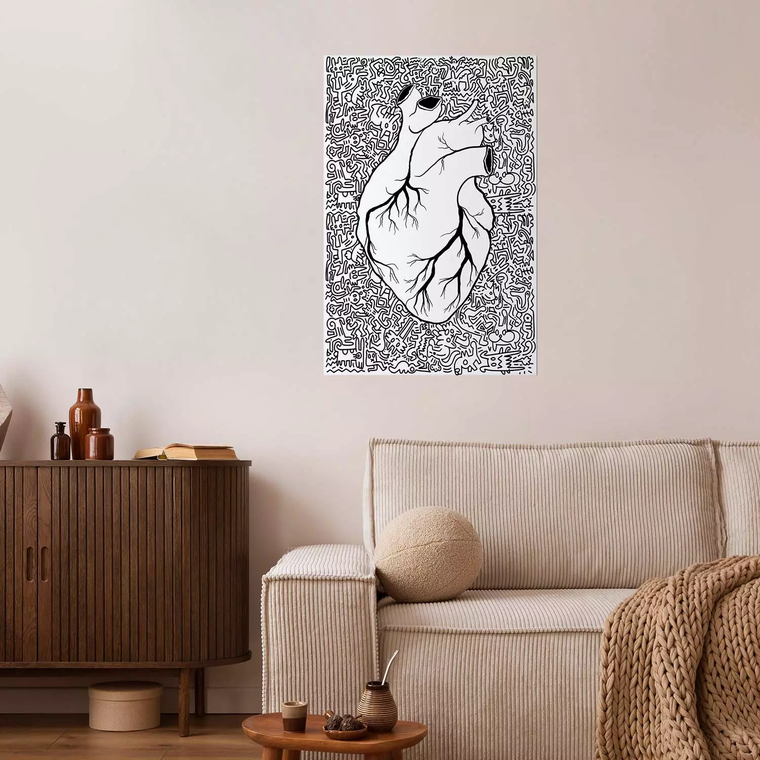Wall Poster Pure Heart - black and white human heart on abstract patterns background