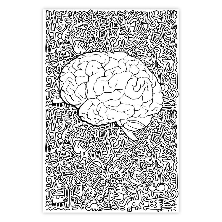 Poster Clear Mind - black and white human brain on abstract patterned background