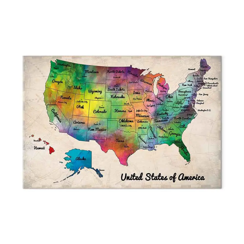 Art Work Map of North America - multicoloured with English inscriptions ...