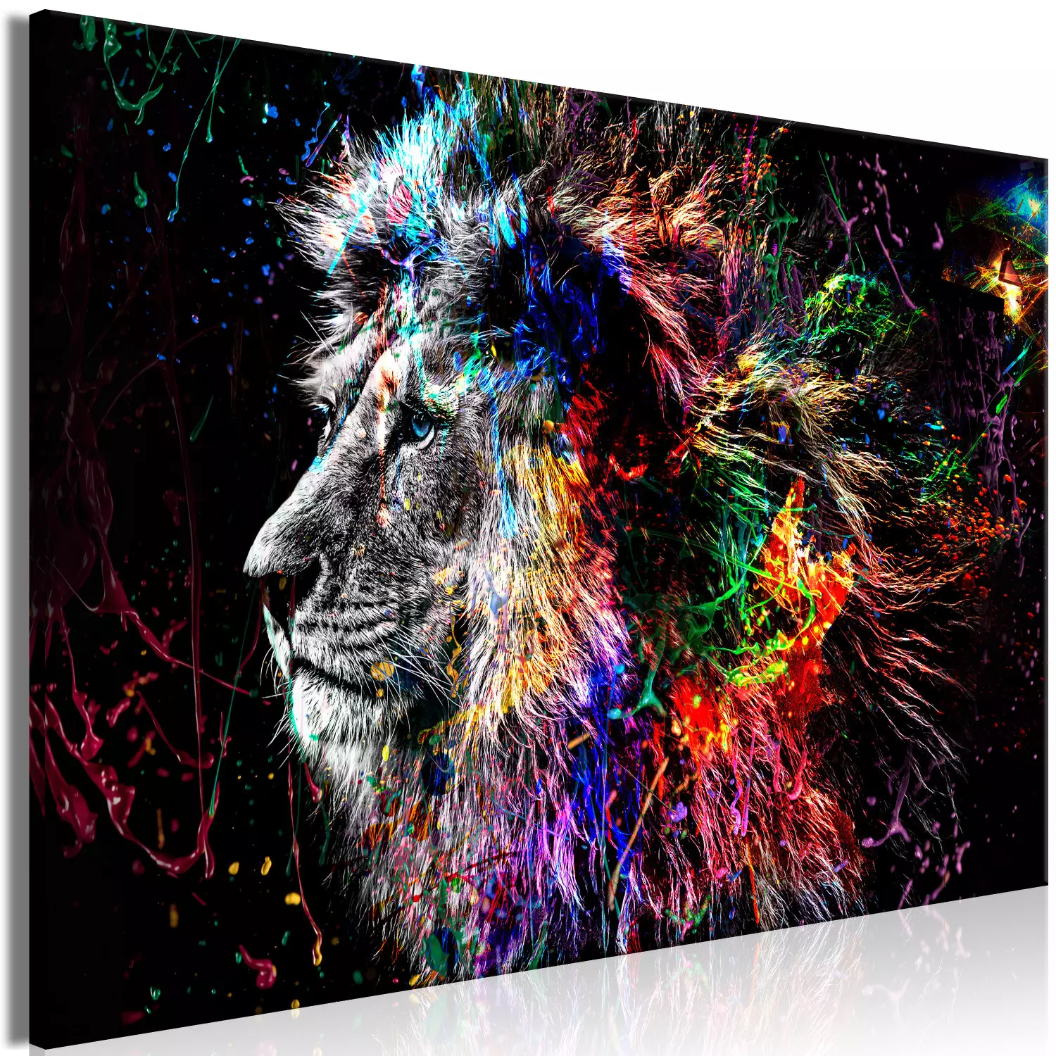 Large canvas print Crazy Lion - Animal Silhouette with Colorful Paint Splashes on a Black Background