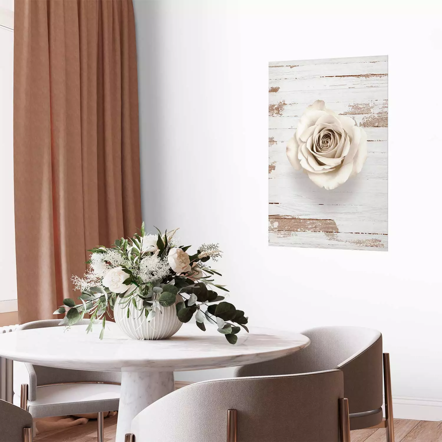 Poster Pastel Whirl - white rose flower on background of light wooden planks