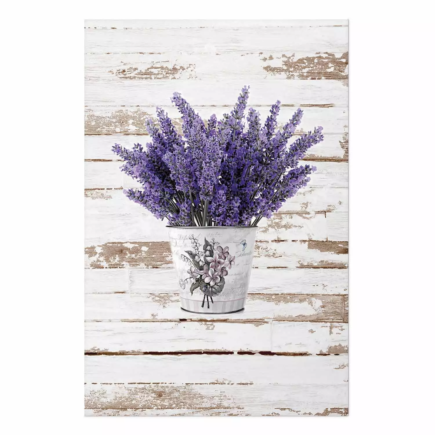 Wall Poster Lavender Bouquet - purple flowers in pot on background of wooden planks