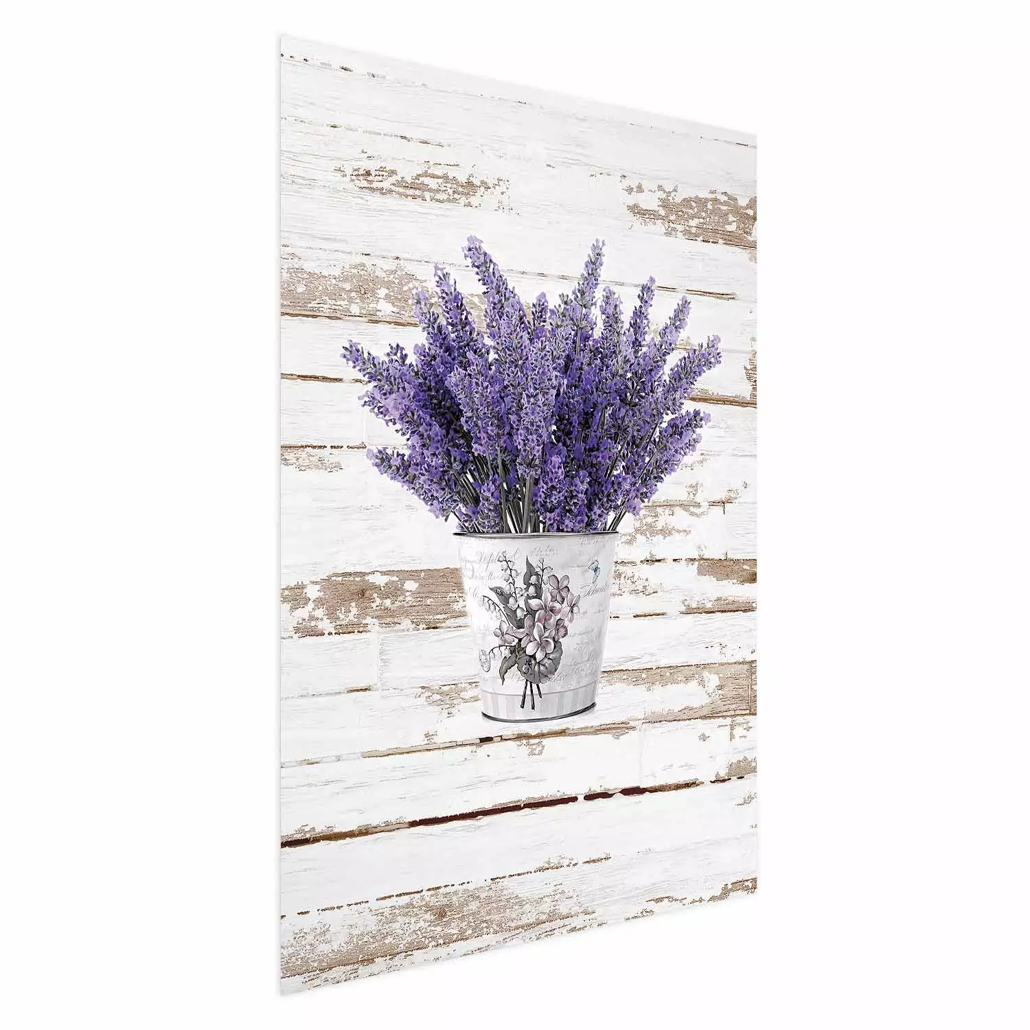 Wall Poster Lavender Bouquet - purple flowers in pot on background of wooden planks