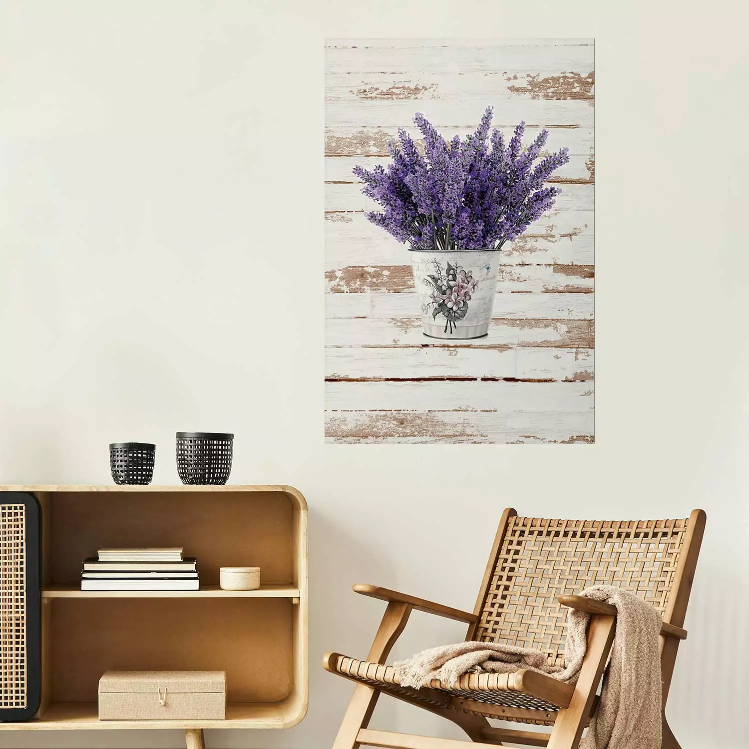 Wall Poster Lavender Bouquet - purple flowers in pot on background of wooden planks