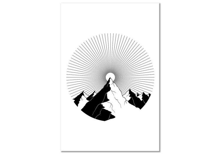 Canvas Mountain in the horizon - black and white, abstract mountain landscape placed in a circle on a white background