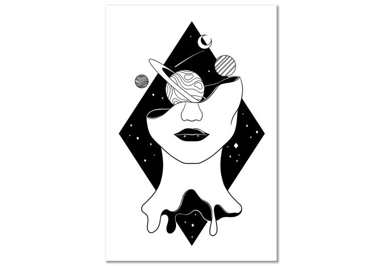 Canvas Planets, Moon and woman figure in a diamond - black-white abstraction