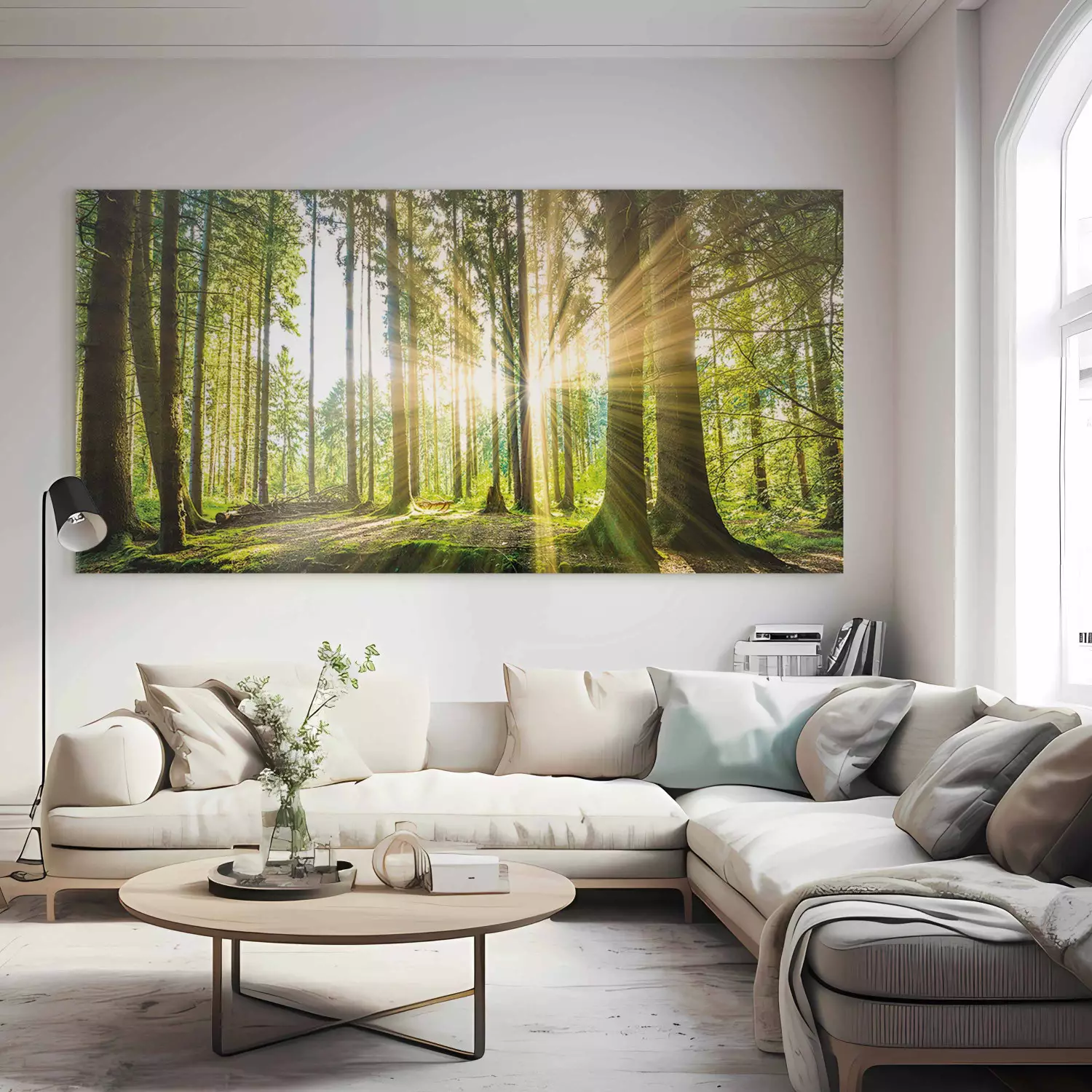 Large canvas print Sunlight Glow II - forest landscape with sunlight filtering through trees