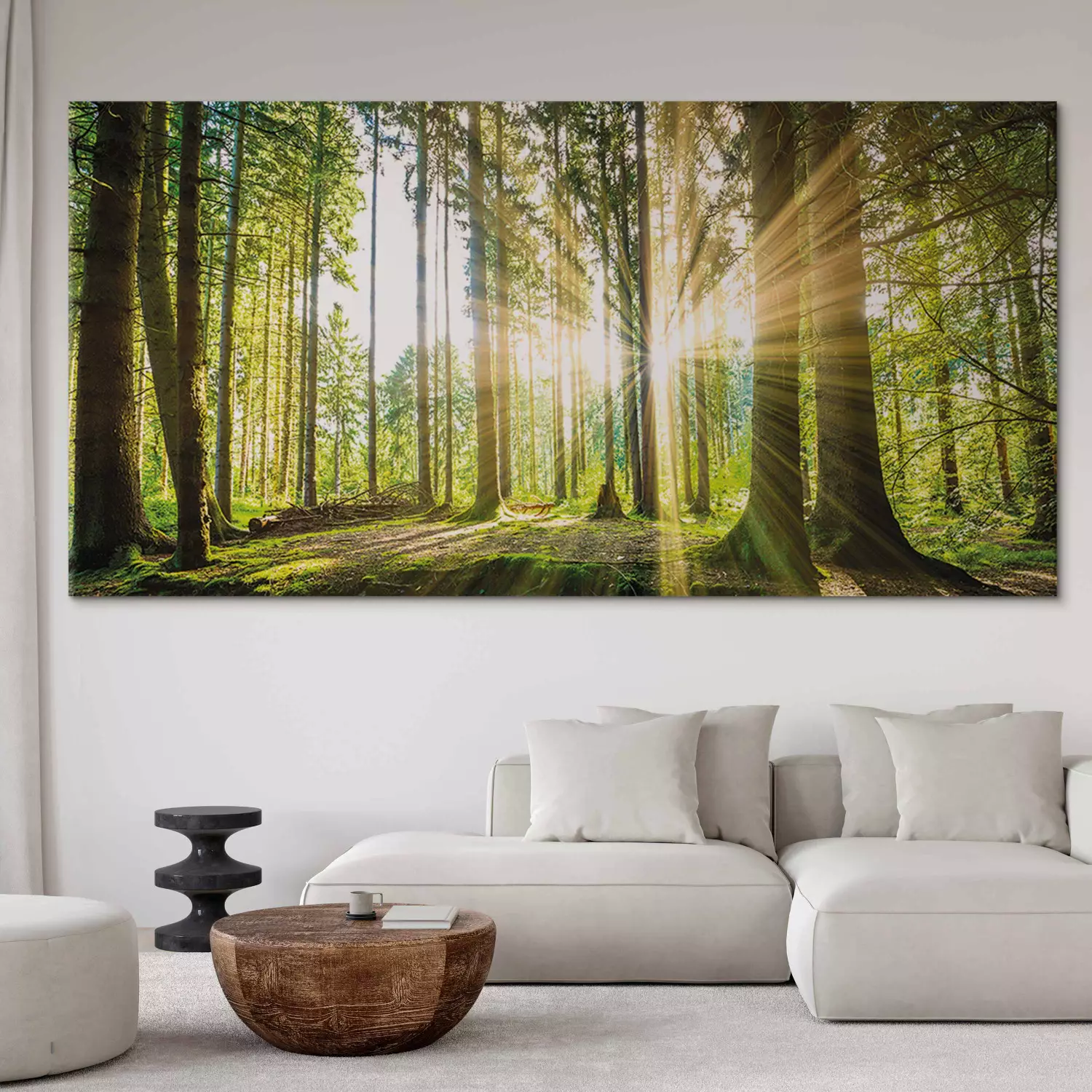 Large canvas print Sunlight Glow II - forest landscape with sunlight filtering through trees