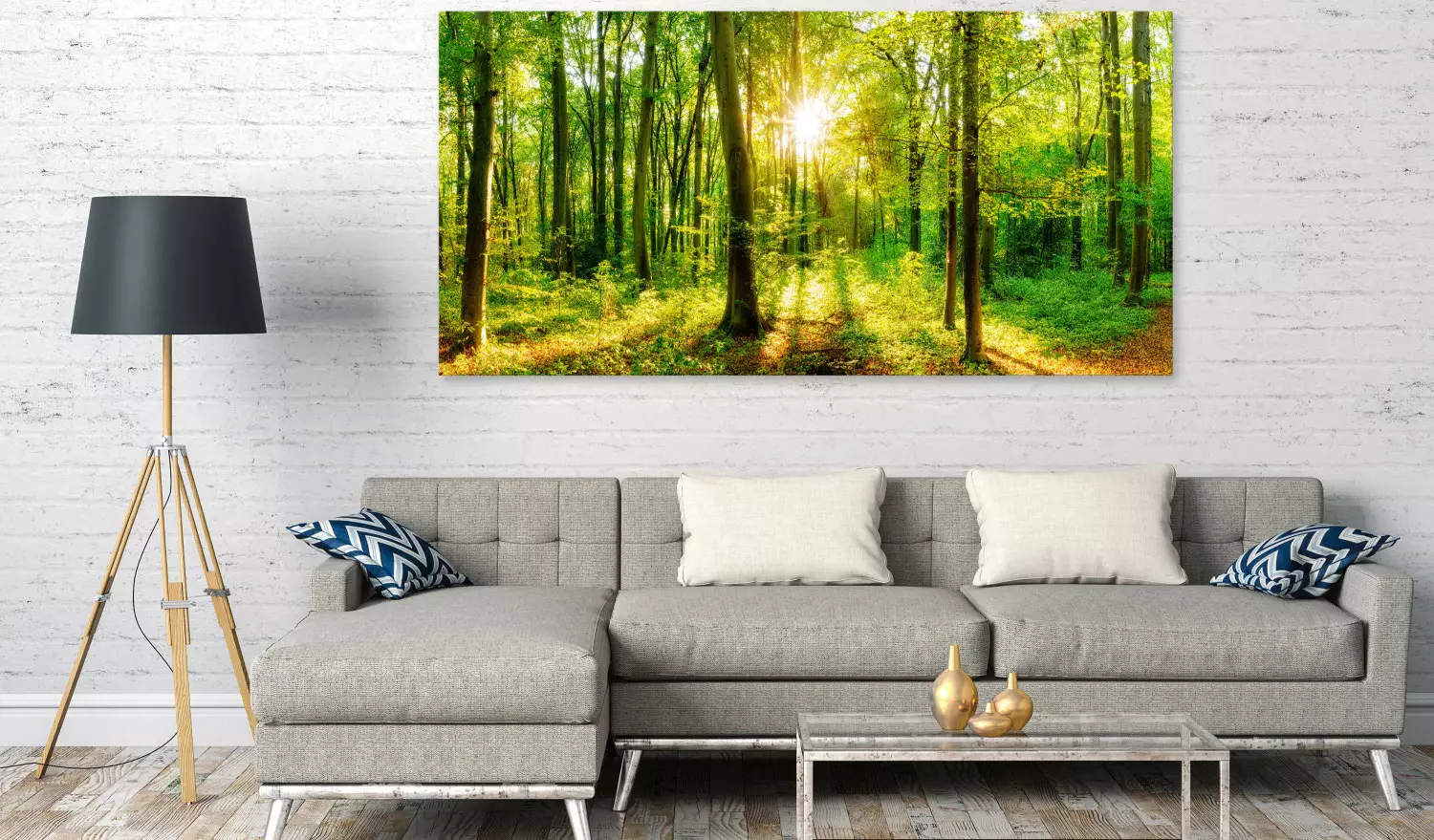 Large canvas print Green Magic II - Forest with sunlight filtering through the trees