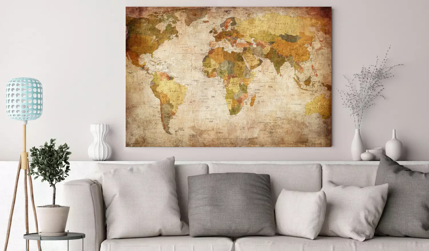 Large canvas print World Map: Journey Through Time - continents on a brownish light retro-style background