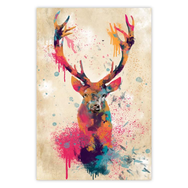 Poster Watercolor Deer - colorful abstract with a horned animal on a beige background