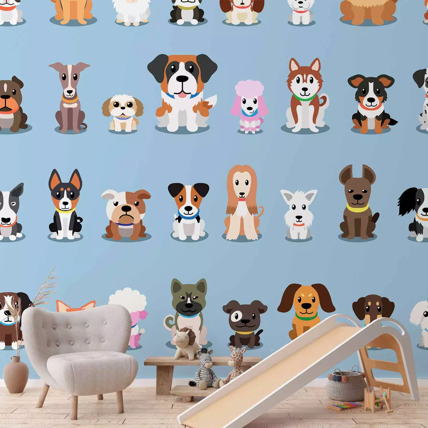 Wall Mural Happy animals - colourful dogs on a solid blue background