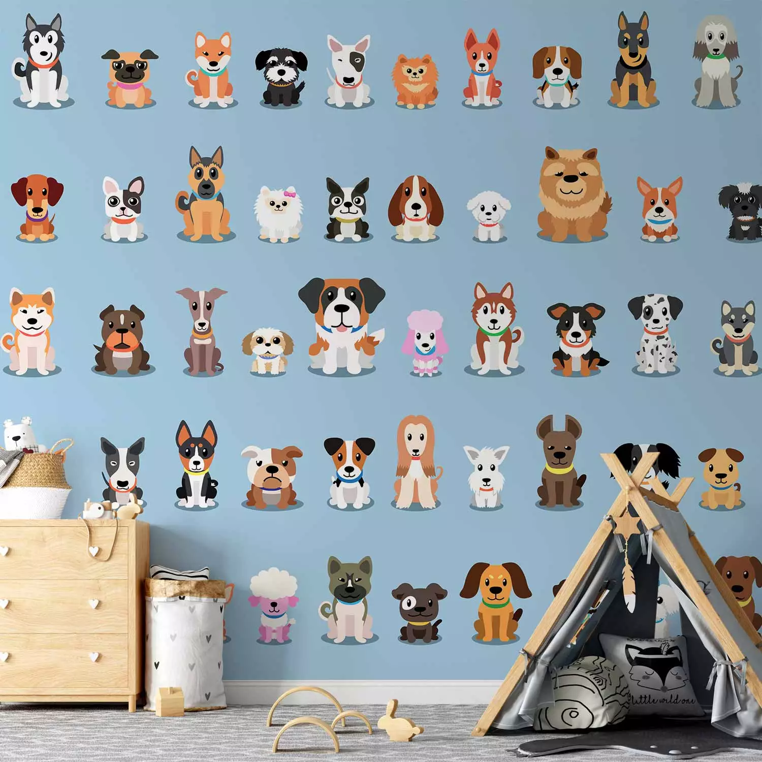 Wall Mural Happy animals - colourful dogs on a solid blue background
