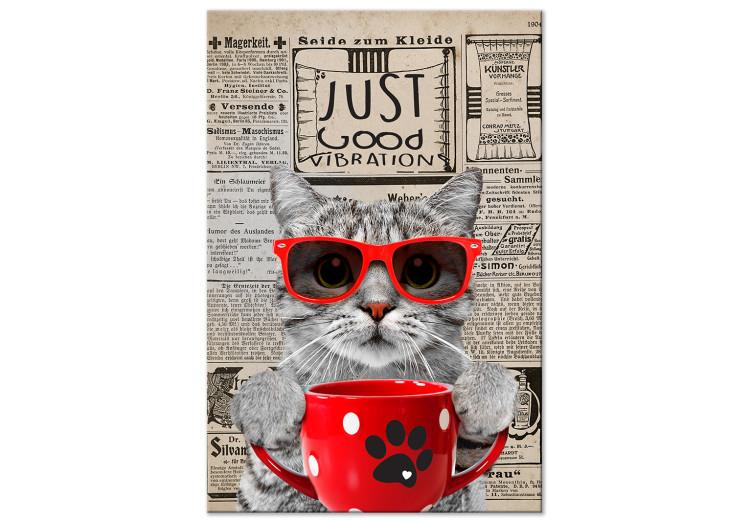 Canvas Cat with Coffee (1-part) vertical - abstract animal in glasses