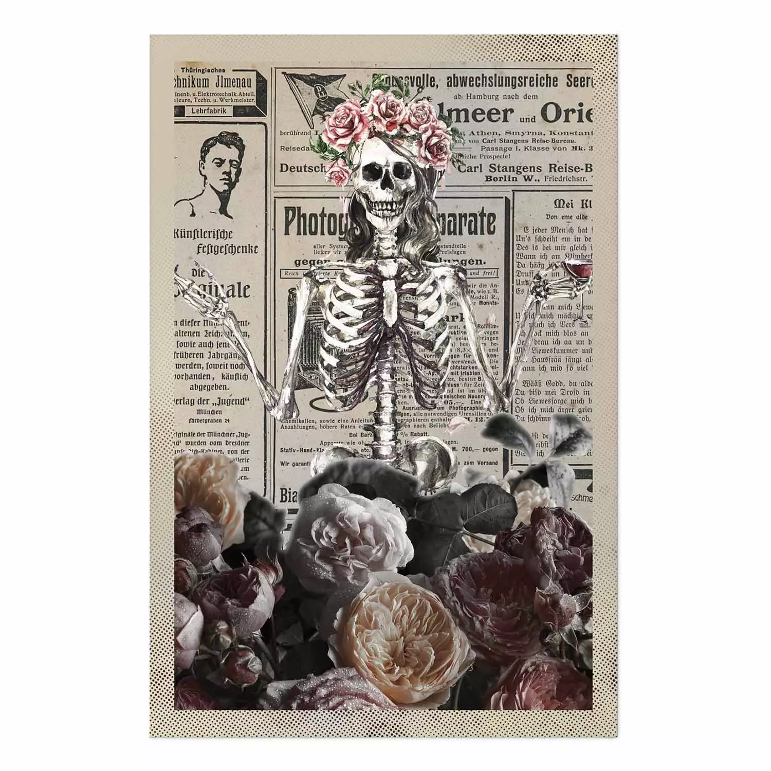 Poster Death and Wine - abstraction with character among flowers and text in the background