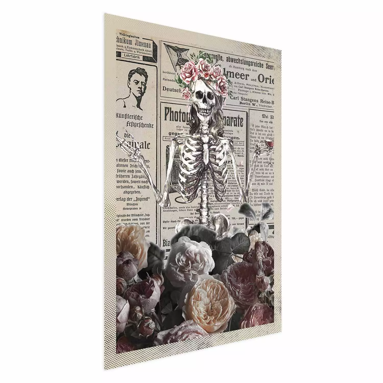 Poster Death and Wine - abstraction with character among flowers and text in the background