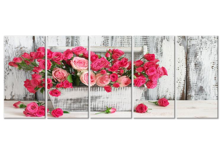 Canvas Roses in a Pot (5-part) wide - pink flowers in vintage style