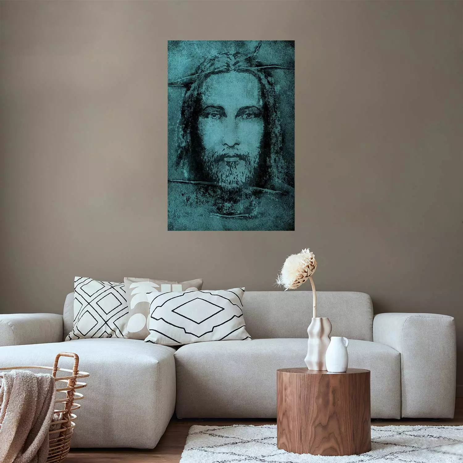 Wall Poster Turin Shroud in Turquoise - sacred composition with a portrait of Jesus