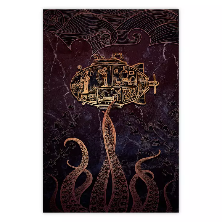 Poster Golden Submarine - maritime abstraction with the ocean and an octopus