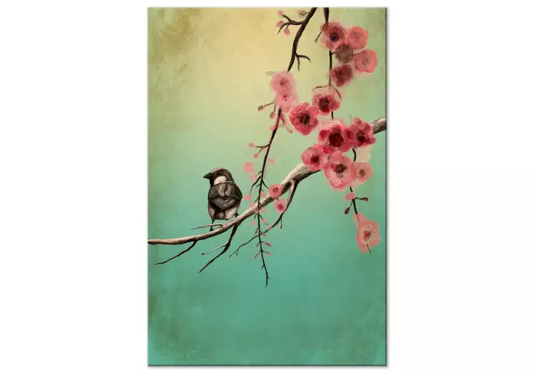 Canvas Cherry Blossoms (1-part) vertical - spring bird on a blue background