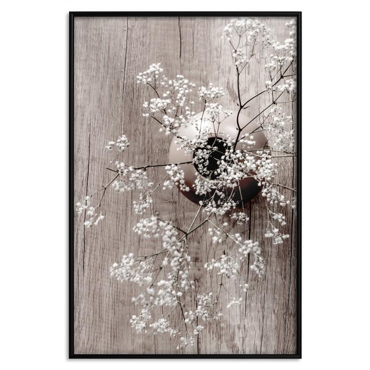 Poster Dried Flowers - composition with white plant in vase against wooden background