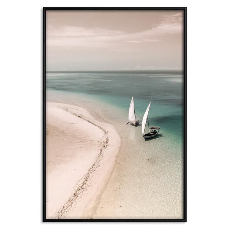 Poster Romantic Coast - beach landscape and sailboats on the azure sea